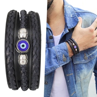 Pulseira Bracelete de Couro Masculina Olho Grego Proteção Talismã Sorte Preto