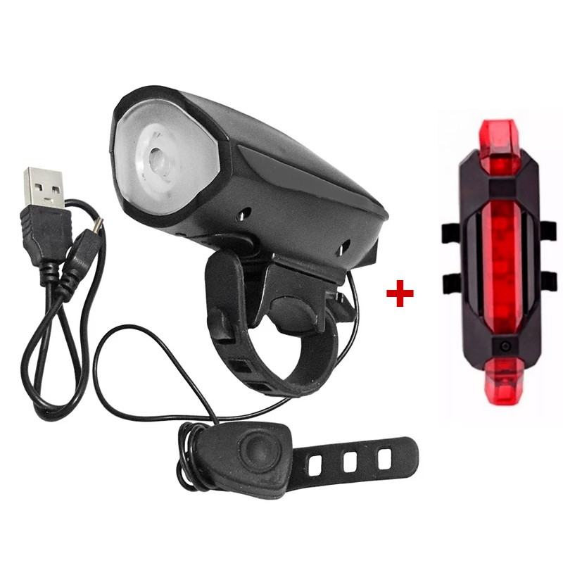 Kit Farol Bike Frontal Lanterna Traseira LED Vermelho USB Recarregável 4 Modos
