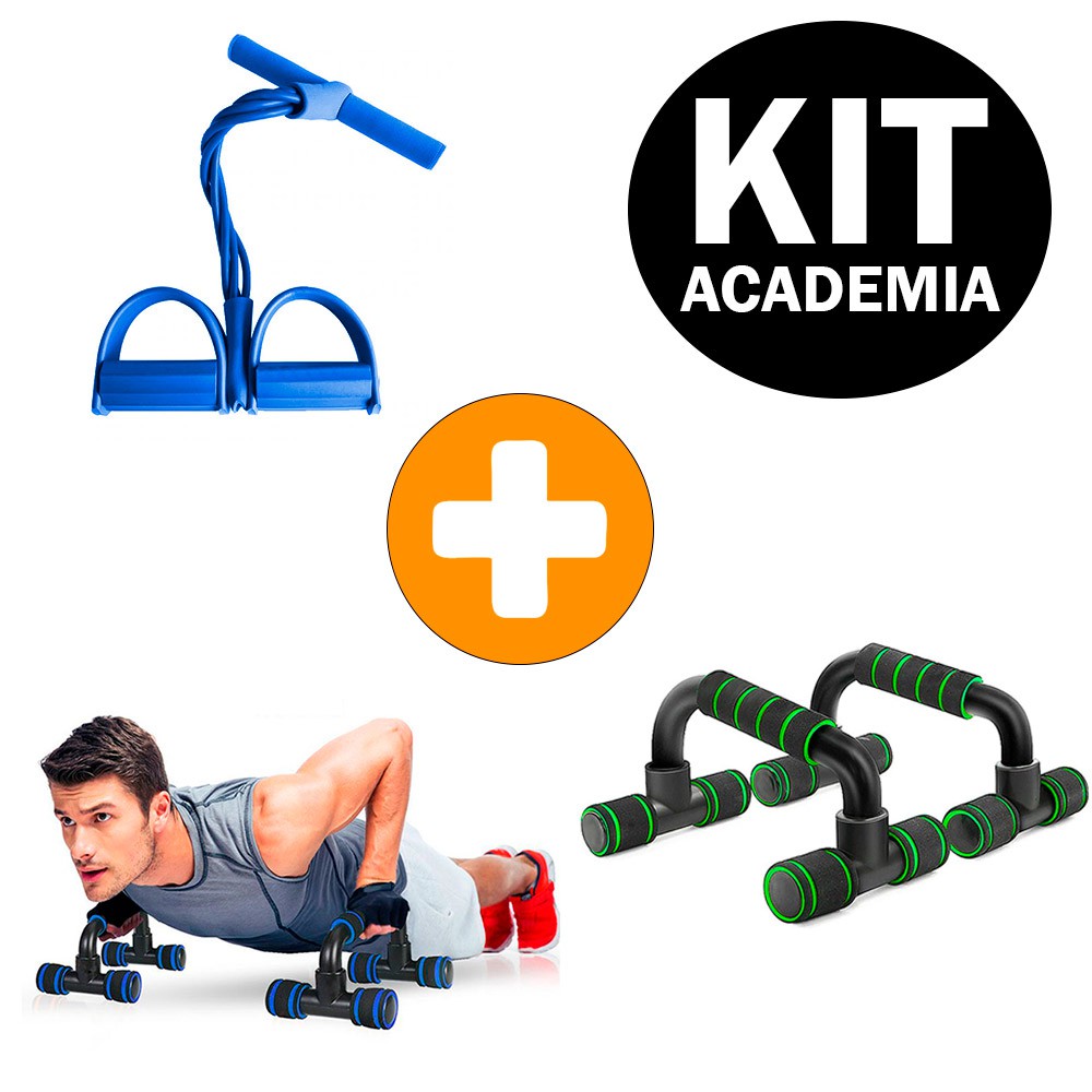 Kit Academia em Casa Barra de Apoio para Flexão Push UP + Elástico de Tensão com Apoio para os Pés Tube Fit Treino Funcional Fitness