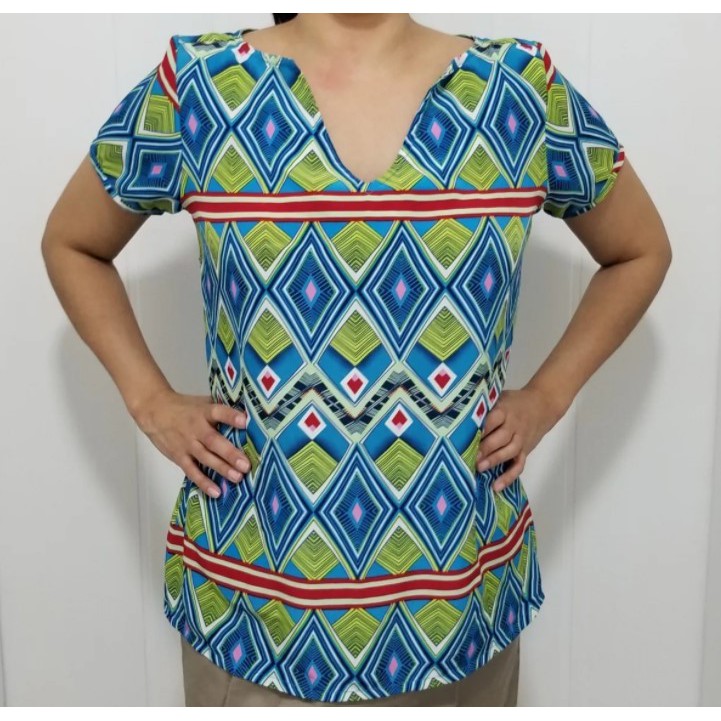 Blusa Camisa Estampada Losango Azul Verde Moda Evangélica