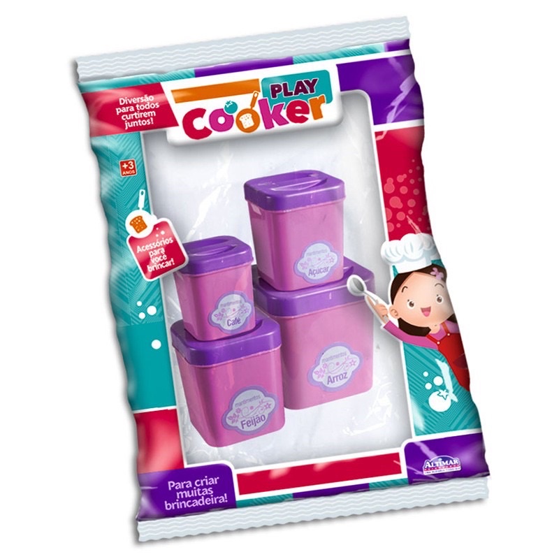 Porta Condimentos - 4 Potes Para Condimento Brinquedo Faz De Conta Coleção Play Cooker Com Tampa - Altimar