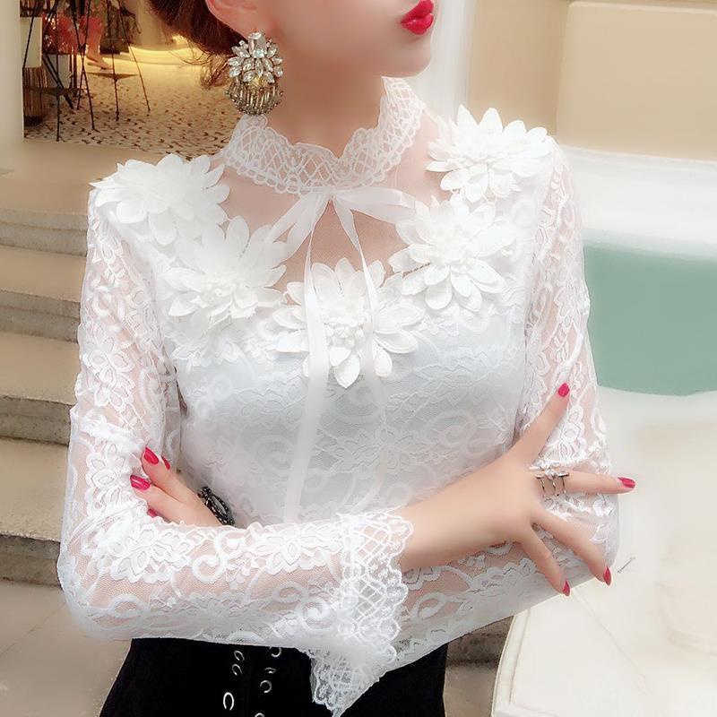 Blusa De Renda Feminina Manga Longa Slim Branco Top Coreano Estilo Moda Elegante Camisa Nova