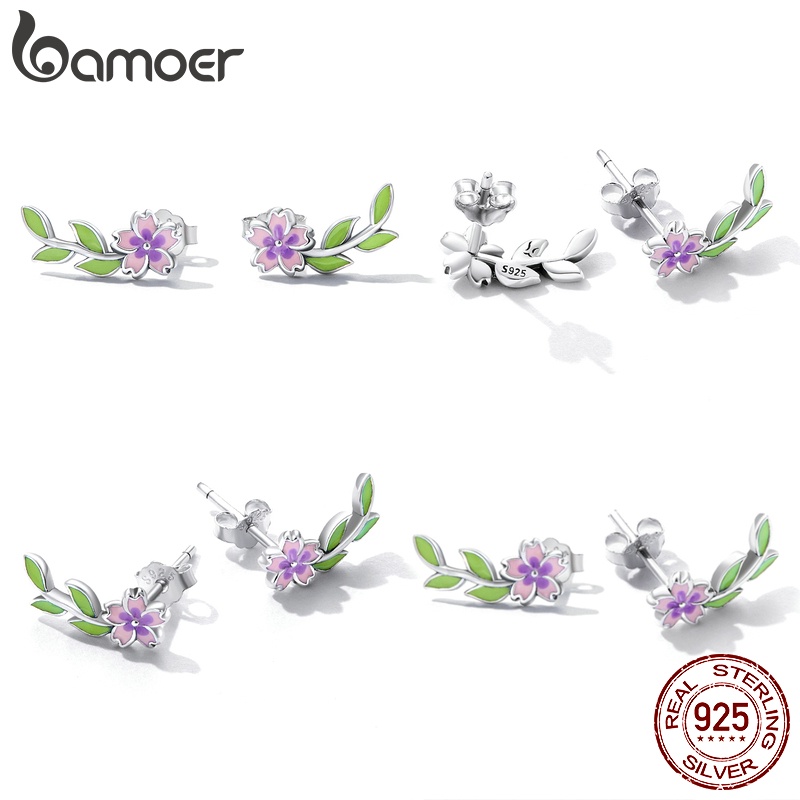 1 Par De Brinco De Tarraxa De Prata Bamoer 925 Com Flor/Folha Verde Para Mulheres/Presente SCE1391 - Fashion Accessories
