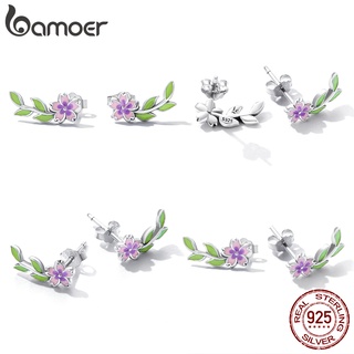 1 Par De Brinco De Tarraxa De Prata Bamoer 925 Com Flor/Folha Verde Para Mulheres/Presente SCE1391