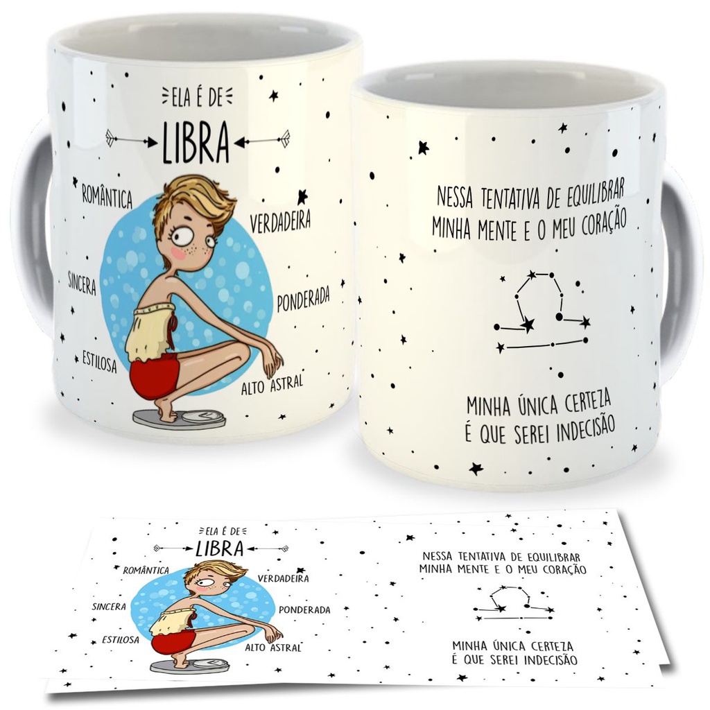 Caneca Signo Libra - Zodíaco Personalizada Signos LIbriana com Nome Xicara de Porcelana 23/09 a 22/10 para Presente