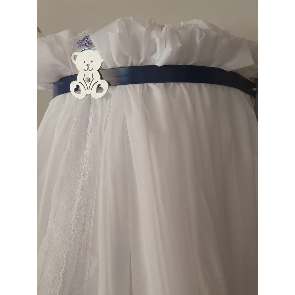 Kit Dossél Para berço de Bebê Azul Marinho Urso Marinheiro Mosquiteiro Voil 2pçs Dossél Ursinho Marinheiro 2pç