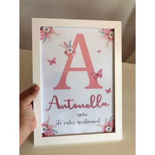 Quadro Infantil Floral Menina Bebê Inicial Nome + Significado/ Moldura com Vidro
