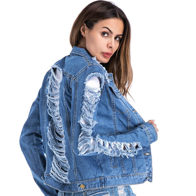 jaqueta jeans rasgada feminina