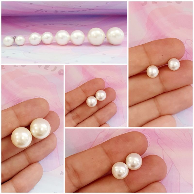 Brinco pérola aço cirúrgico inox anti alérgico perola grande pequeno bolinha segundo furo em Oferta na Shopee