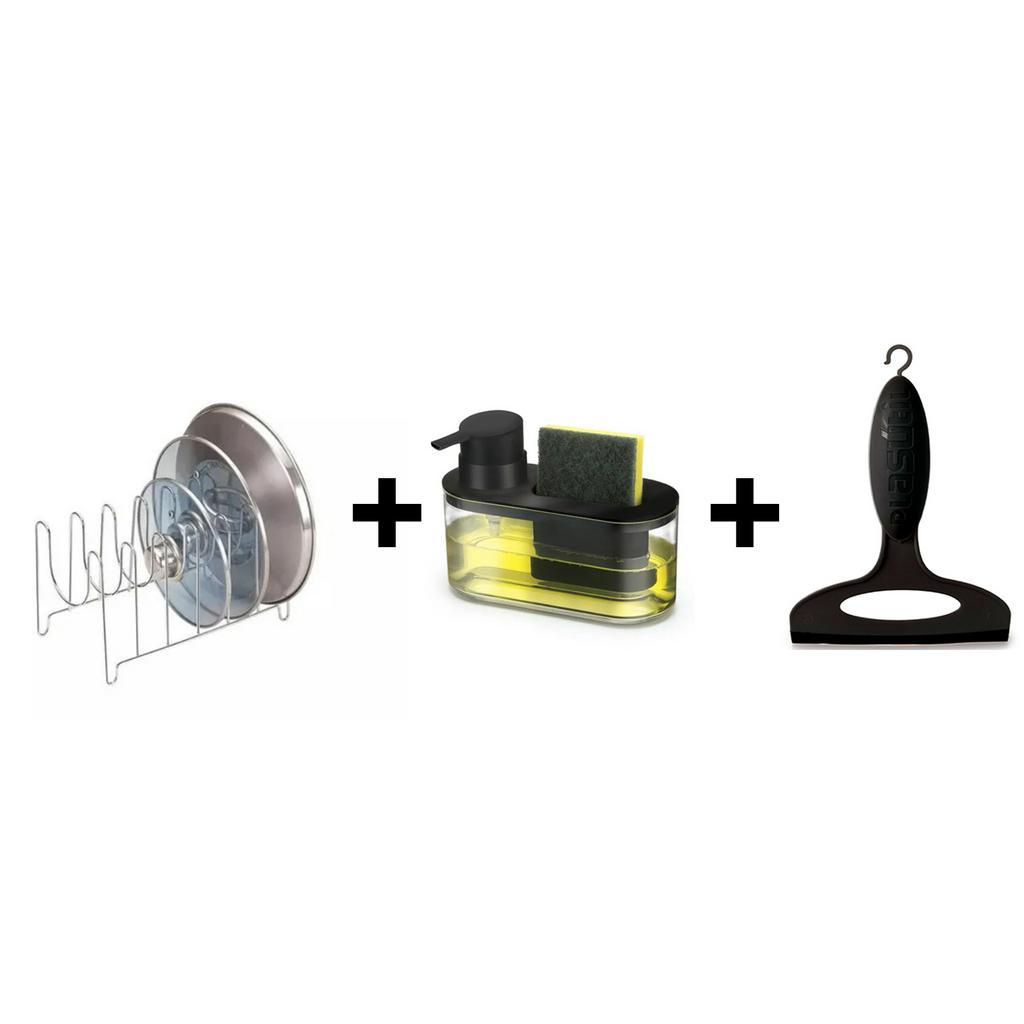 Escorredor De Louça P/ Tampas + Dispenser Porta Detergente E Bucha + Rodinho de Pia Cabo de Plástico 13Cm