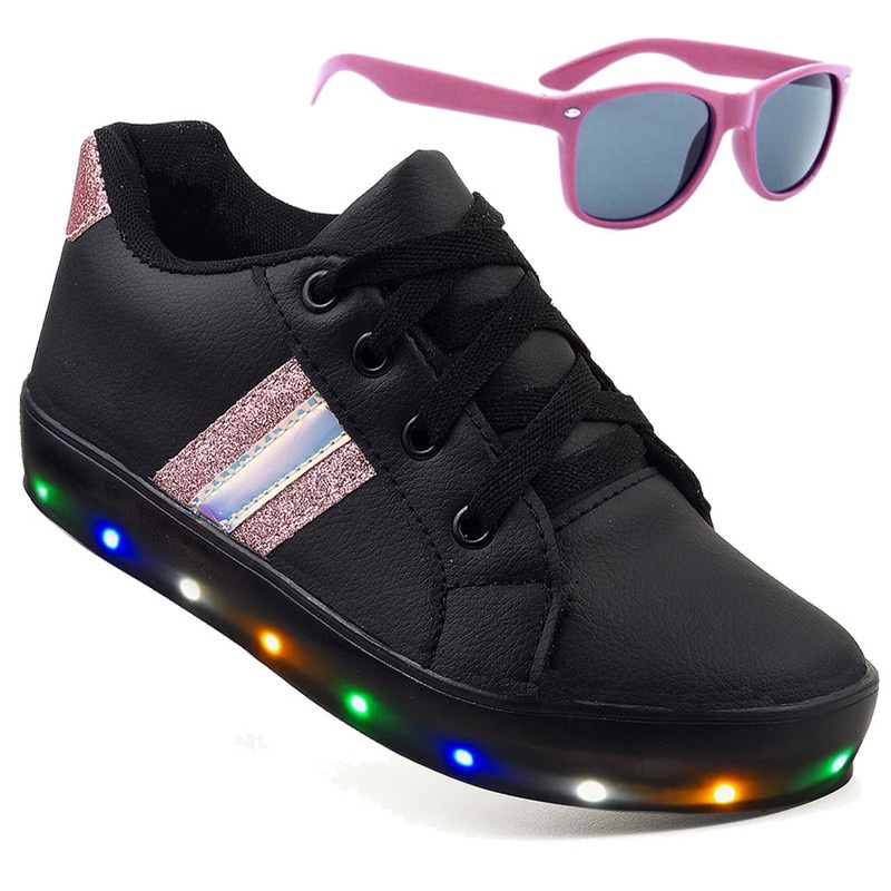 Kit Tenis De Led Feminino Para Crianças Moda Casual Infantil Original + Óculos Barato Com Luzinha Macio Leve E Confortável