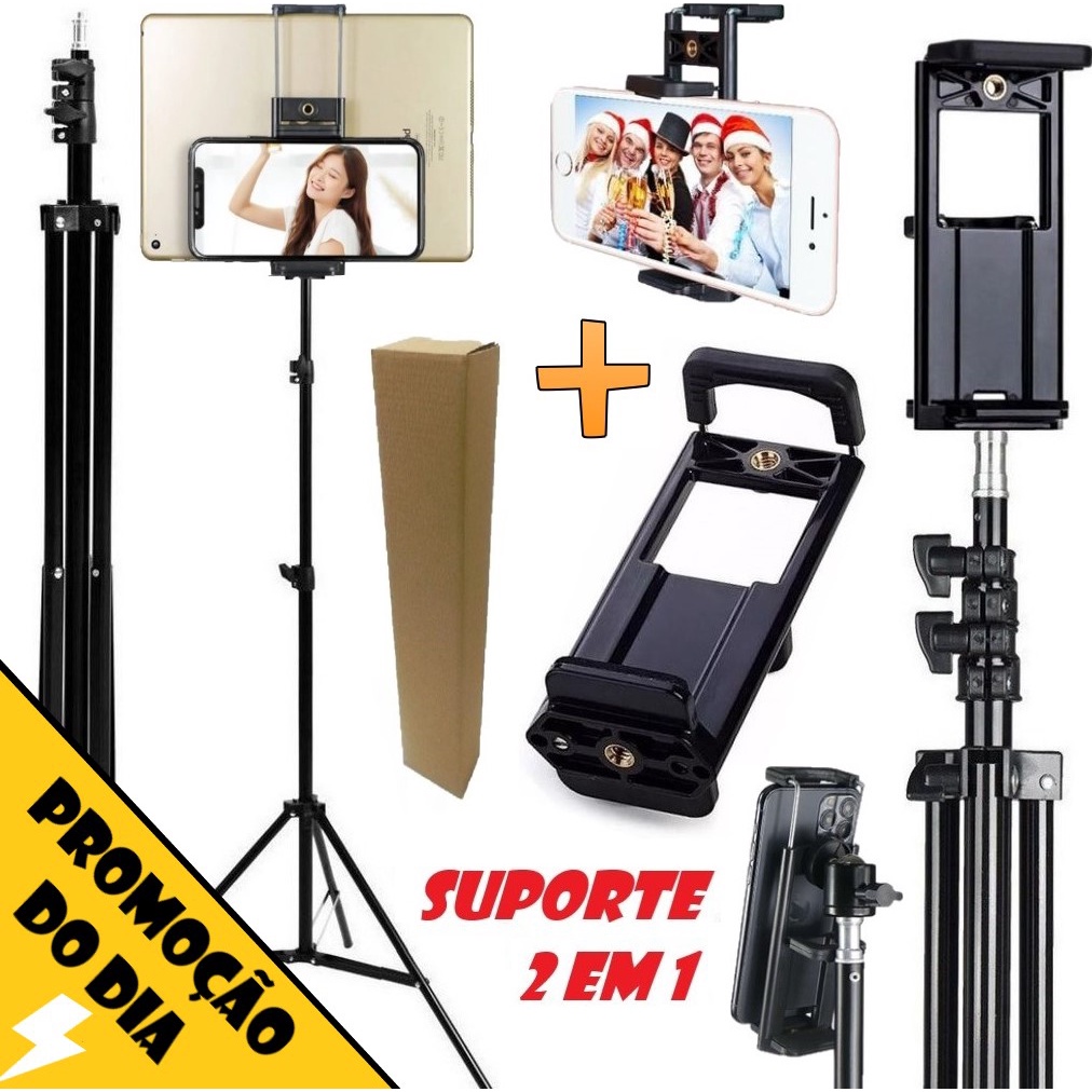 Tripé 2 Metros Universal + Suporte Para Tablet Ipad Celular Monope 2 em 1 Foto Vídeo