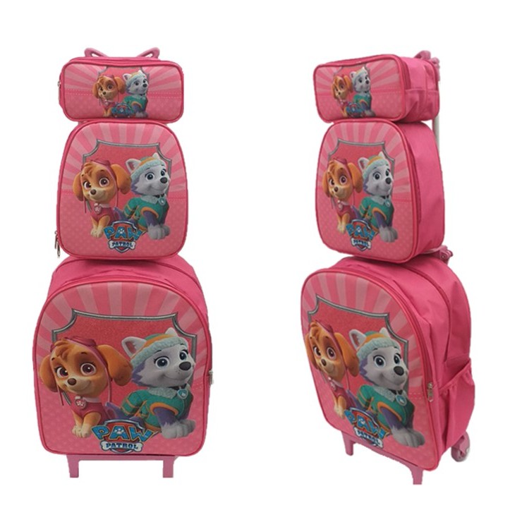 Kit Mochila Infantil Patrulha Canina Feminina Rodinhas + Lancheira + Estojo Rosa