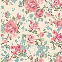 Papel de parede romântico rosa, verde e cinza com fundo bege Para Quartos e Sala