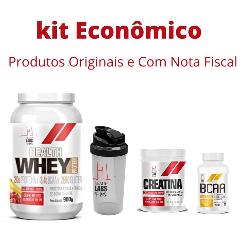 Whey Protein 900gr + Creatina pura de 100gr + Bcaa 120 tabletes + Coqueteleira