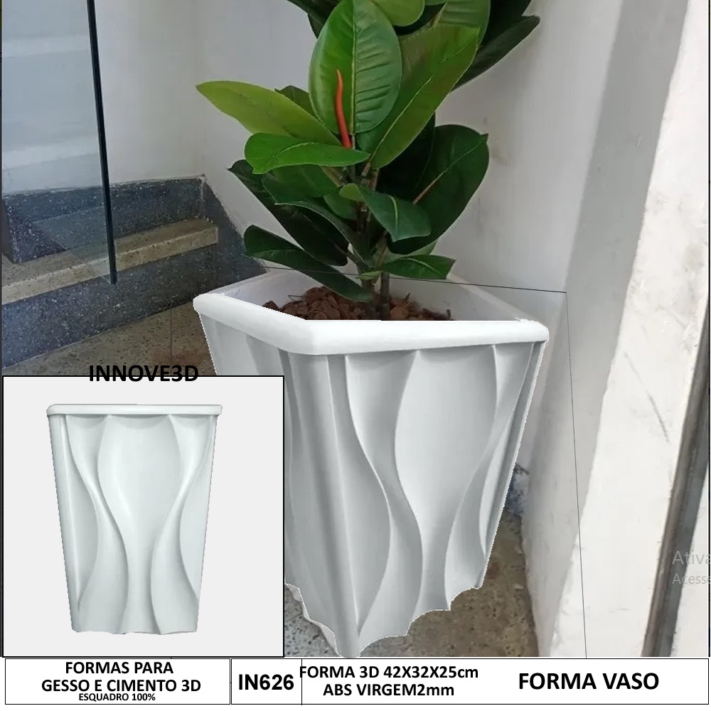 Forma 3d Vaso Ondas 42x32x25cm ABS 2mm Molde Para Gesso/Cimento/Concreto 3d