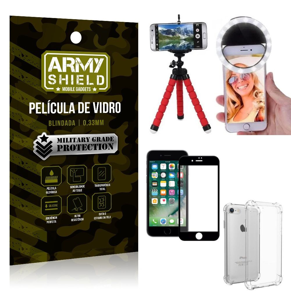 Kit Mini Tripé + Selfie Ring Light iPhone 8 + Capa Anti Impacto + Película Vidro 3D