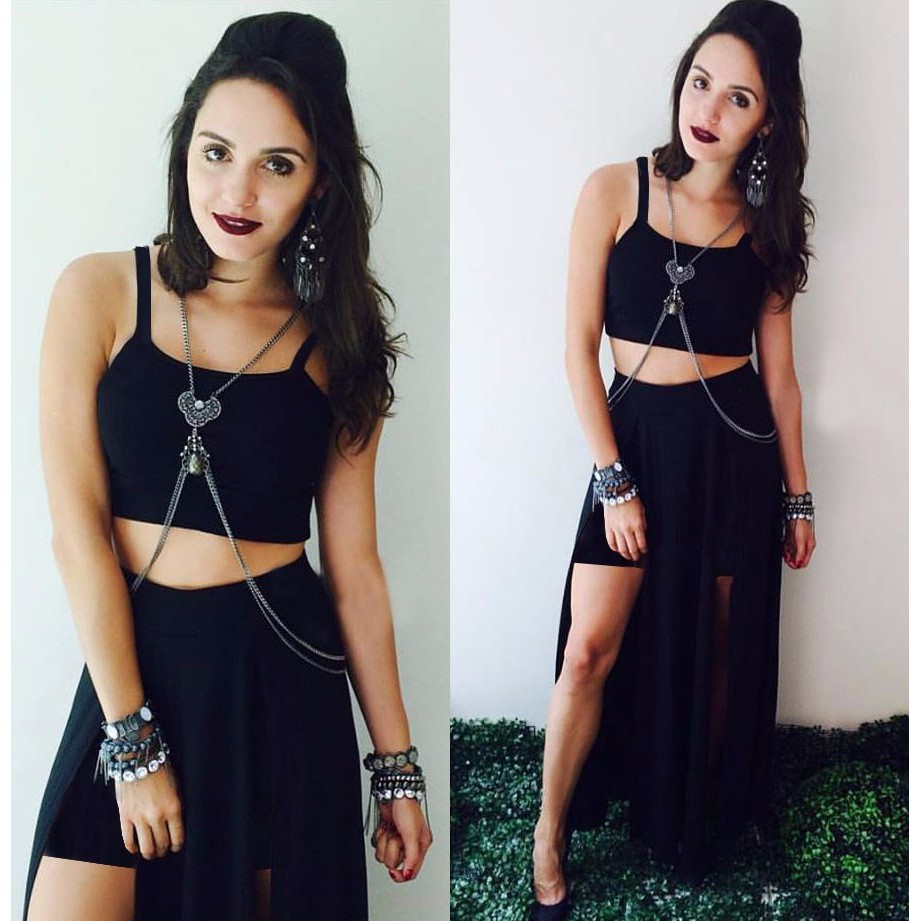 conjunto de saia curta e cropped para festa