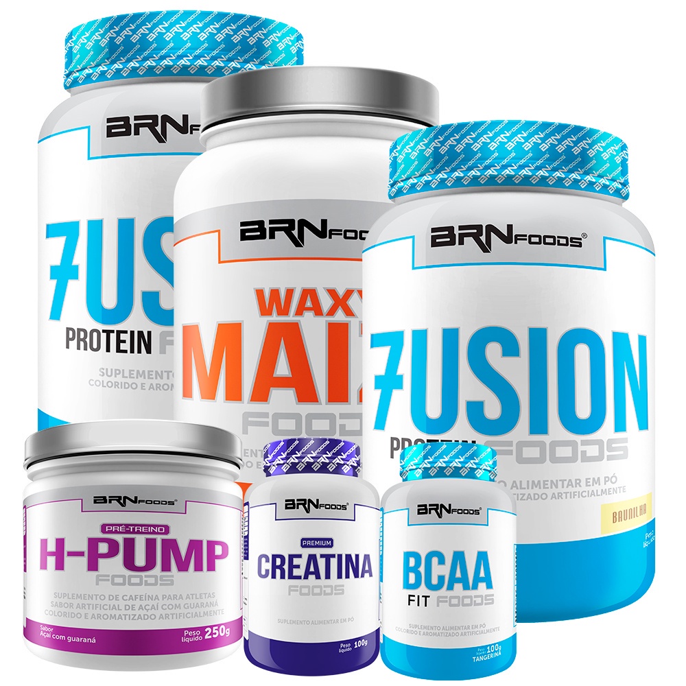 Kit 2x Whey Protein Fusion Protein 900g + Waxy Maize 1kg + Pré Treino H-pump 250g + Premium Creatina 100g + BCAA 100g - BRN FOODS