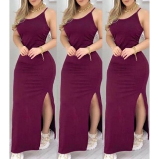 Vestido Canelado Longo com Fenda Lateral de Alcinha Varias Cores em Oferta na Shopee