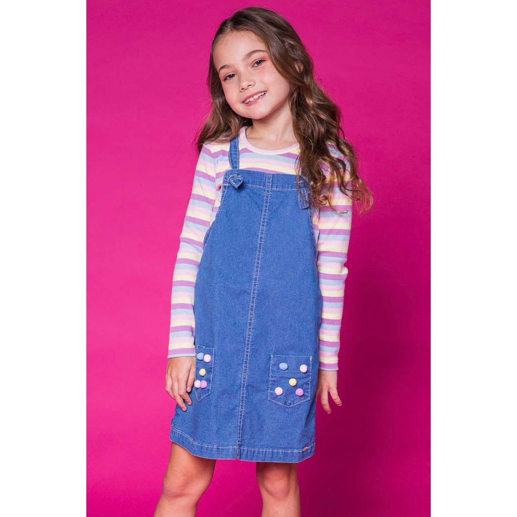 Conjunto Blusa em Ribana Canelada e Salopete em Jeans Bolso Pompom - Kukie