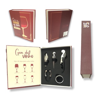 Abridor Kit Vinho Livro Guia / Saca Rolha / Corta Gotas / Tampa / Oxigenador 5 Peças Acessórios Adega