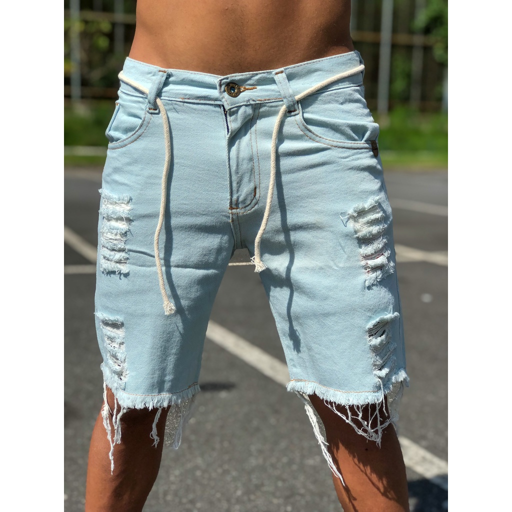 Bermuda Jeans Masculina Rasgada Curtinha Com Cinto De Sisal Short Rasgado Curto Shopee Brasil