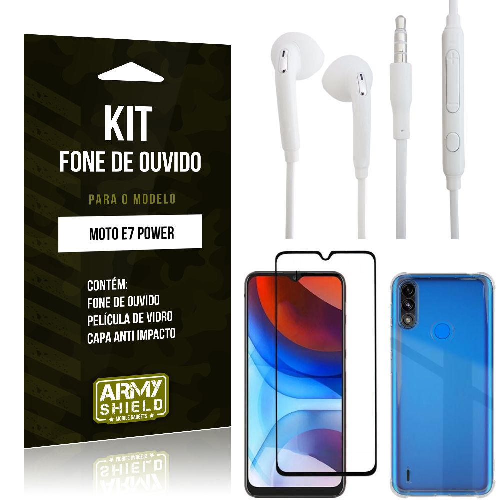 Kit Moto E7 Power Fone de Ouvido + Capa Anti Impacto + Película Vidro 3D - Armyshield