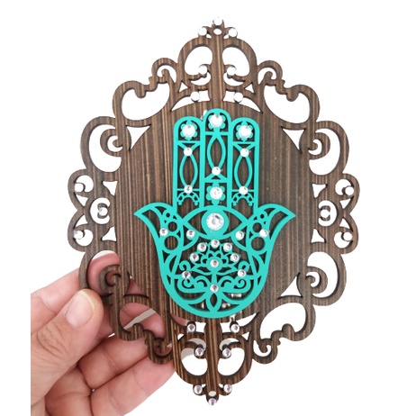Mão de Fátima Tiffany Aplique em Placa Arabesco Pintado MDF