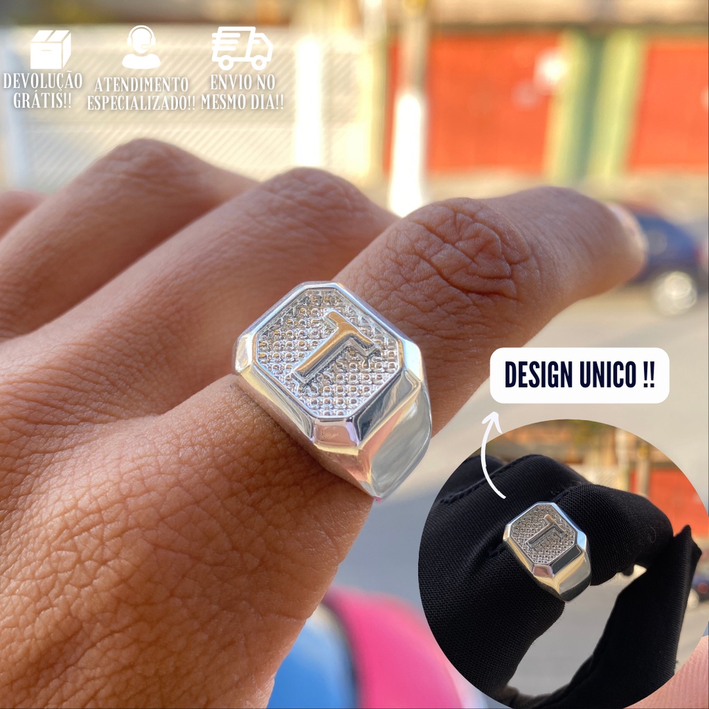 Anel Dedeira Masculina Letra T Banhado A Prata 925 Moderno