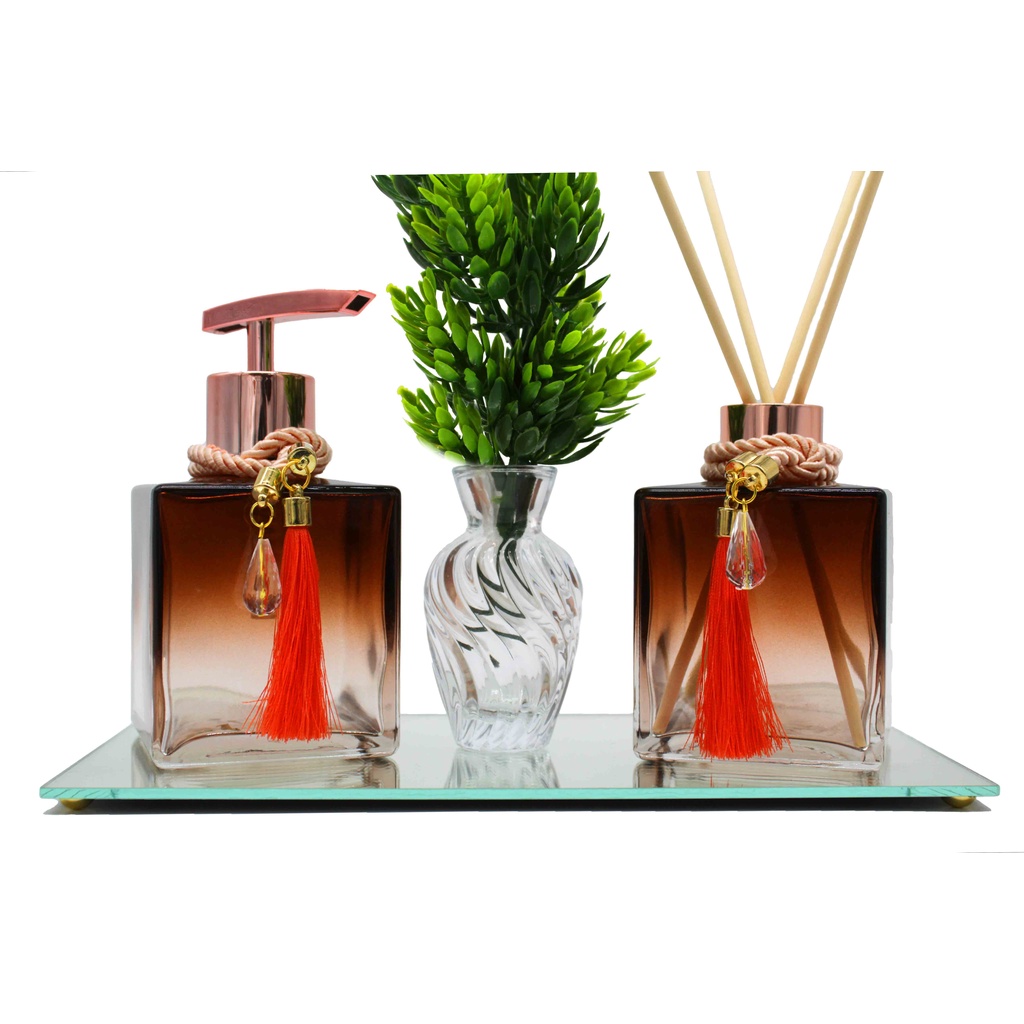 Kit Lavabo Vidro Degrade Dourado 250ml Saboneteira e Difusor Luxo C/ Bandeja , Decoração e Enfeite — imagem 2 de 2