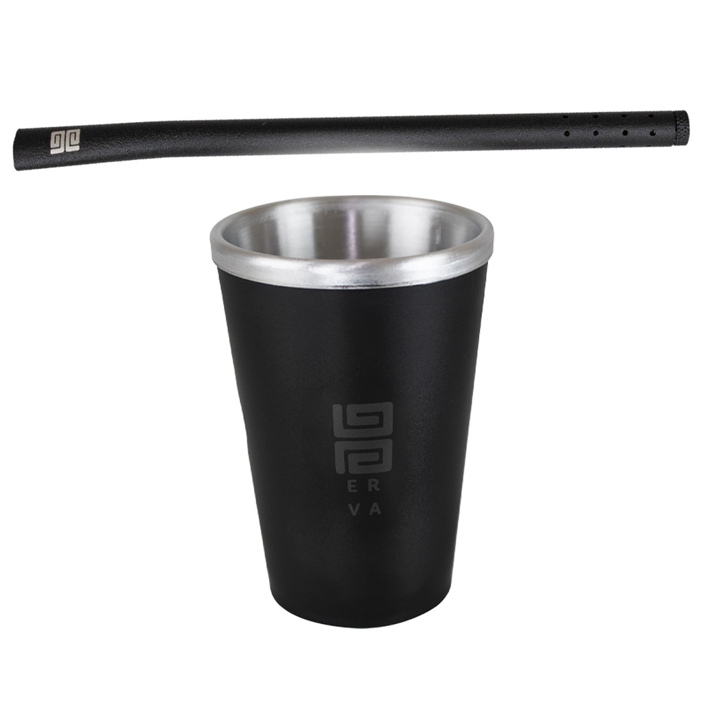 Kit Terere Copo Cuia Termica Inox para Terere 300ml + Bomba Preta com Rosca Aluminio
