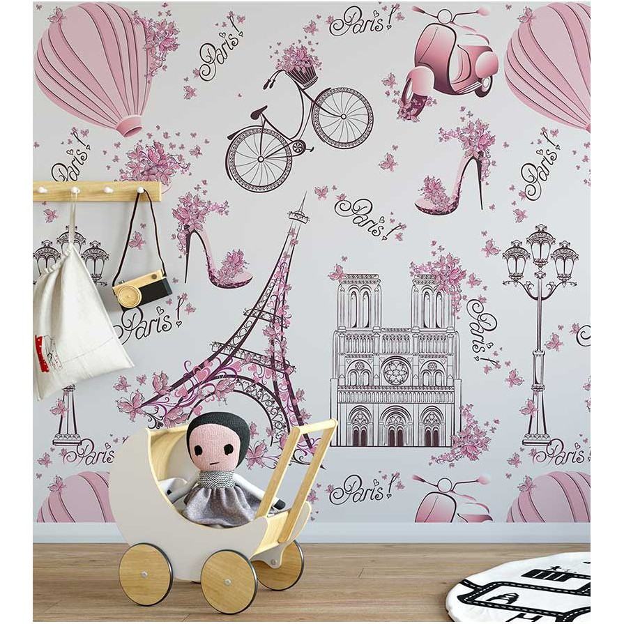 Papel de Parede Infantil Paris fundo rosa claro Lambretas e Flores Para Sala e Quarto 2,50 Mts em Oferta na Shopee