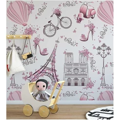 Papel de Parede Infantil Paris fundo rosa claro Lambretas e Flores Para Sala e Quarto 2,50 Mts