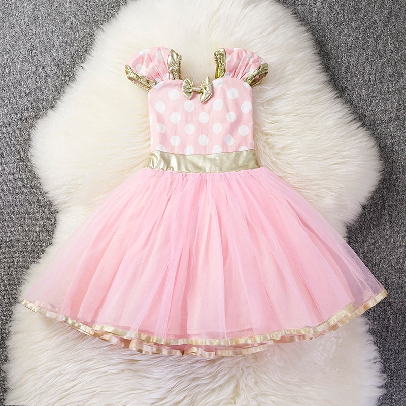 Vestido Infantil Fantasia Similar de Festa Princesa da Minnie Rosa e Vermelho com Bolinhas Brancas + Tiara