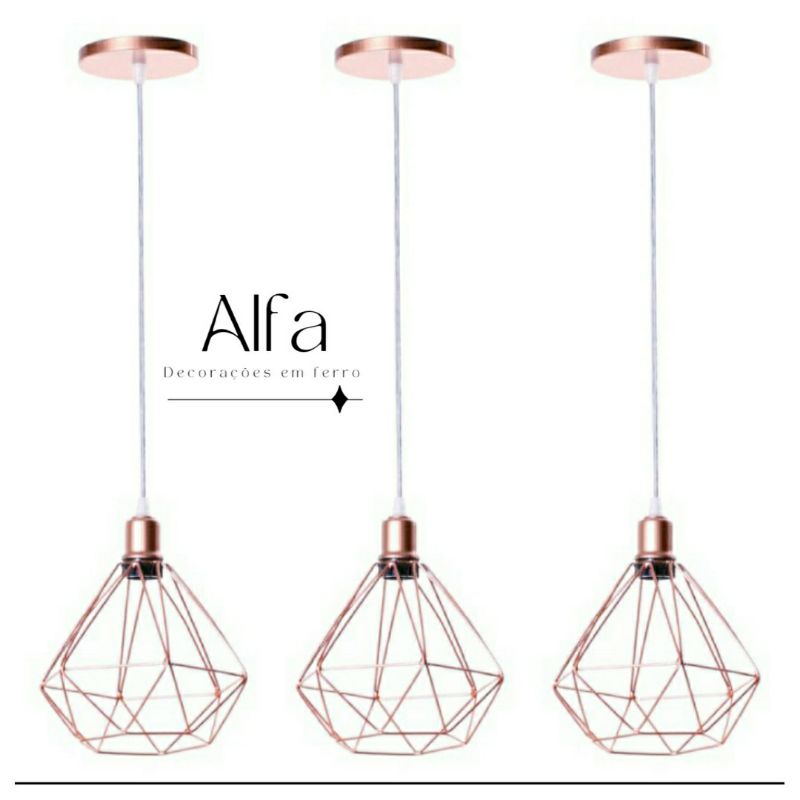 kit 3 Pendente Diamante Aramado Rose Gold Cabo Cristal