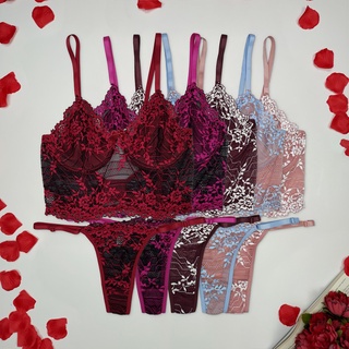 Conjunto Lingerie Sutiã Cropped Renda Bicolor Sem Bojo Com Forro Calcinha String Regulável