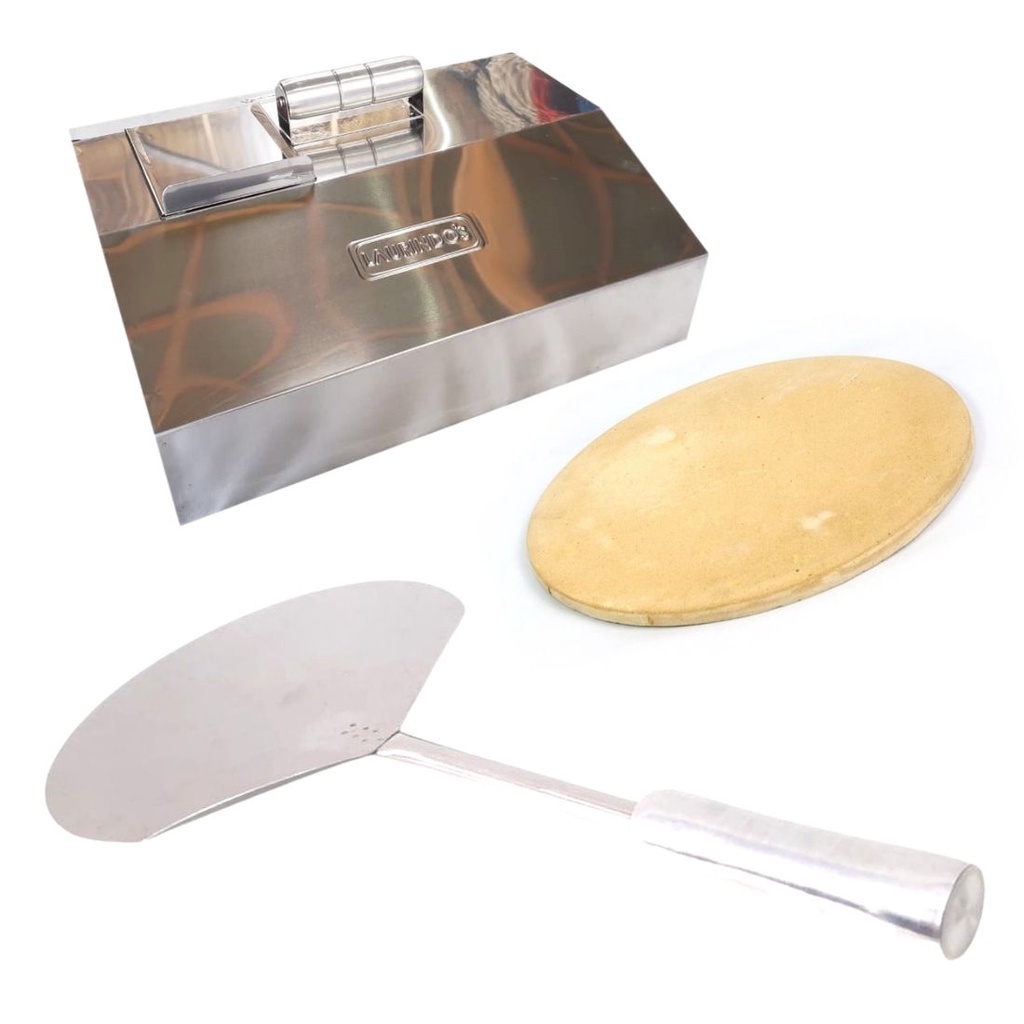 Kit Pizza Churrasqueira Pedra Refratária, Pá E Abafador Inox