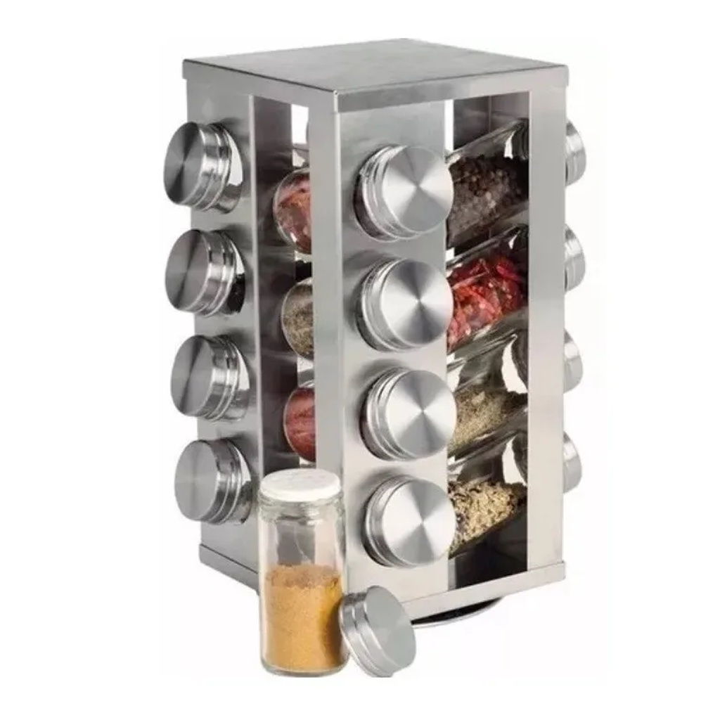 Porta Tempero Condimento Inox 16 Potes + Suporte Giratório