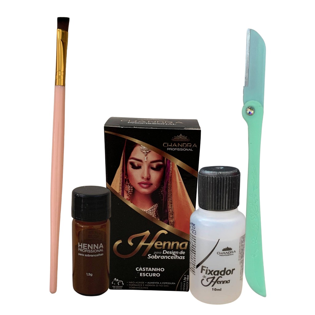 Kit de Henna Profissional Designe sobrancelha Chandra com Navalha e Pincel chanfrado Alto Rendimento