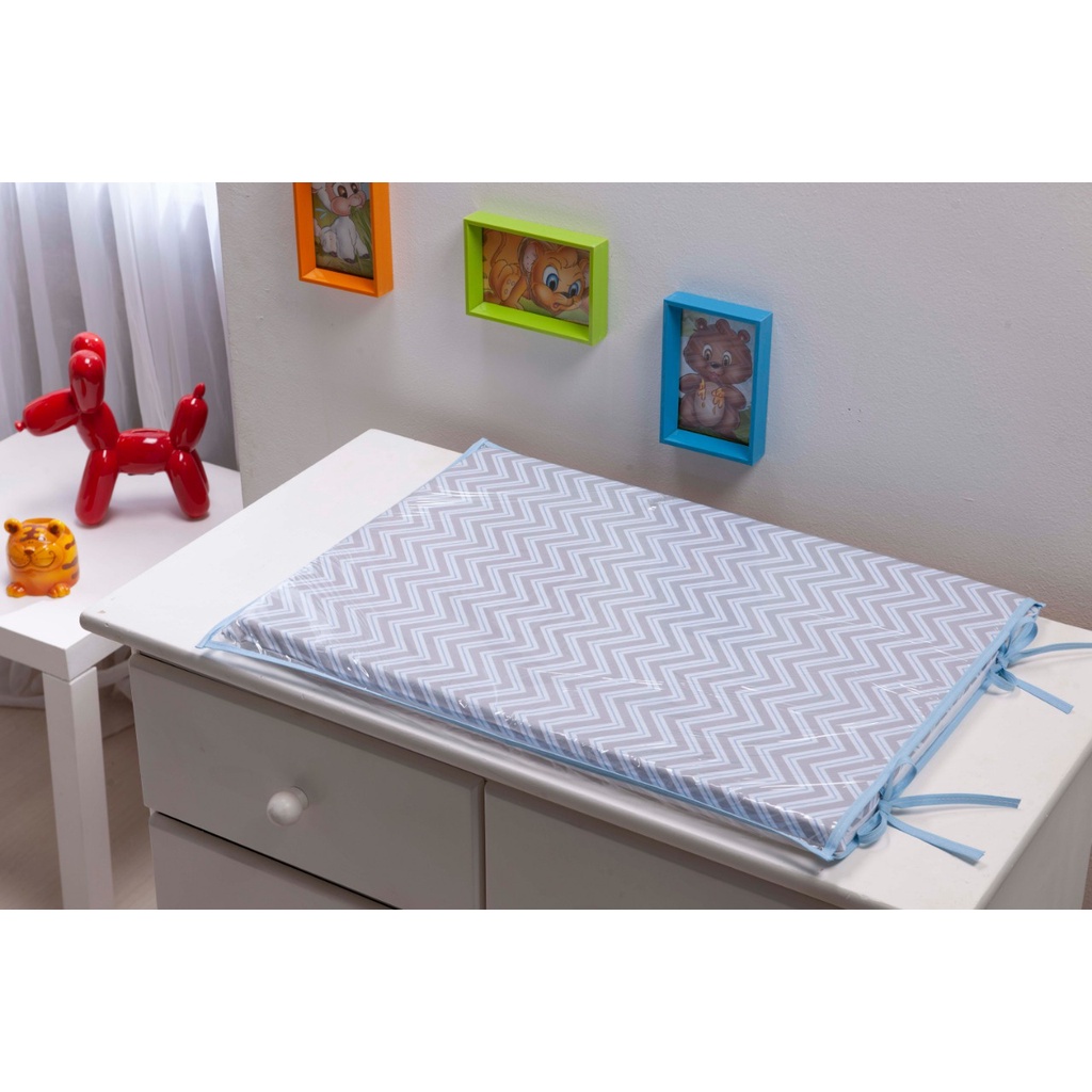 Trocador para comoda de Bebê Chevron Azul Bebe e Cinza - Trocador p/ Bebe Plastificado Comoda
