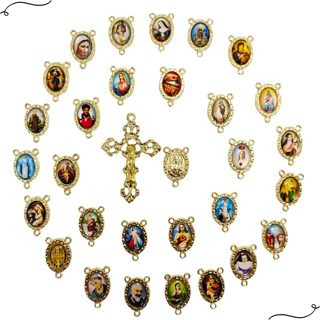 10 Crucifixos + 10 Entremeios Resinados Uma Face Para Terço Dourado Promoção