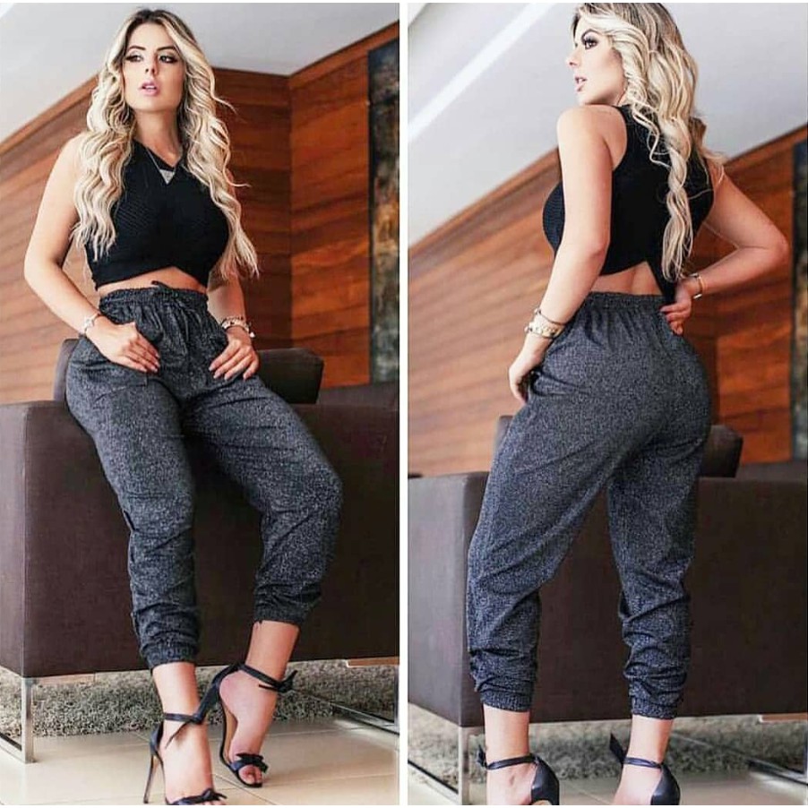 Calça Feminina Jogger Lurex Brilho Cordão Cintura Alta Moda Tamanho Único | Shopee Brasil