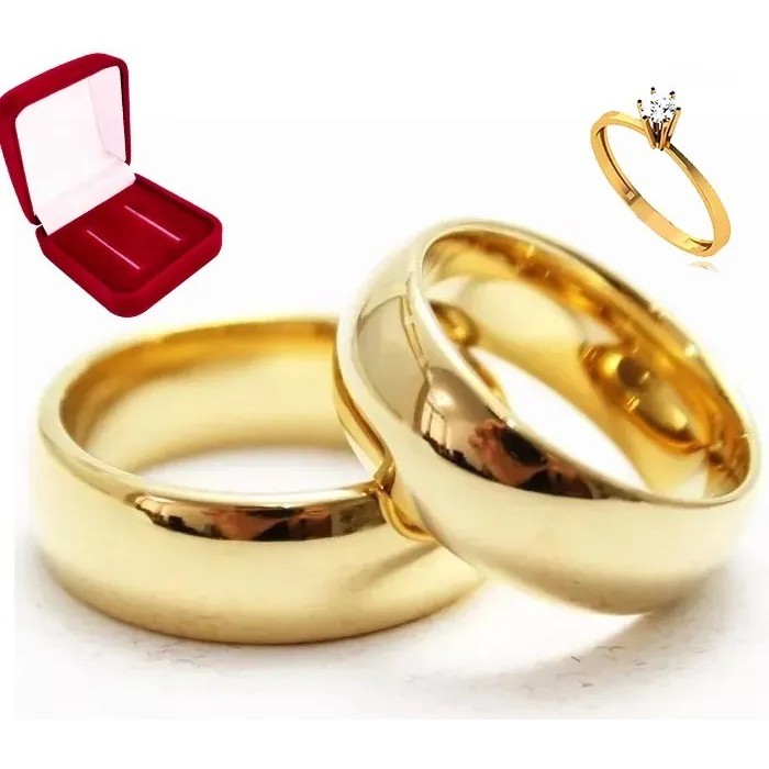 Par de Alianças de Casamento Noivado Arredonda Moedas Antigas Ouro 18k + Anel Solitário