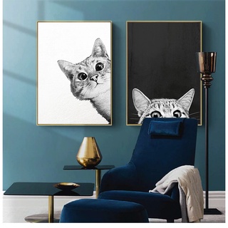 Quadro decorativo 2 peças 40x60 gato estilo nórdico preta e branca para decoração de casa sala quarto de bebê
