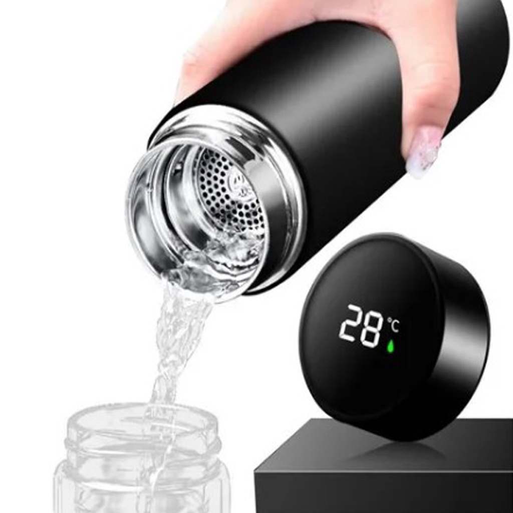 Garrafa Térmica Inox 500ml Sensor De Temperatura Digital na Tampa Coador Infusor Chá Café Quente Água Gelada Academia