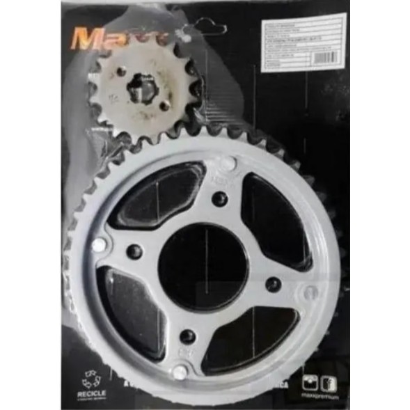 Kit Relação transmissão Coroa + Pinhão aço 1045 Titan 150/fan 150 (Adapta-se titan 125 2009 em diante) em aço 1045 - maxxpremium 072659