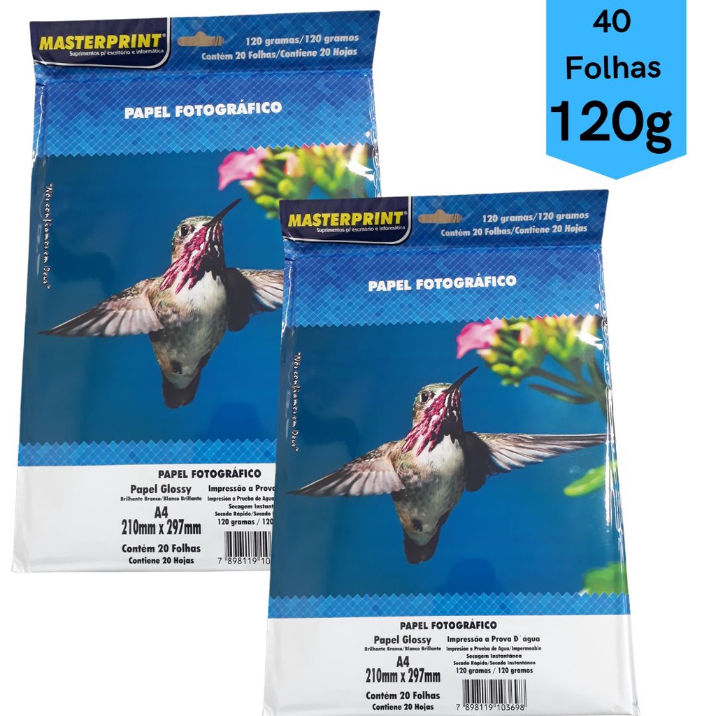 Kit 40 Folhas Papel Fotografico 120g 40 folhas A4 Glossy Brilhante Masterprint