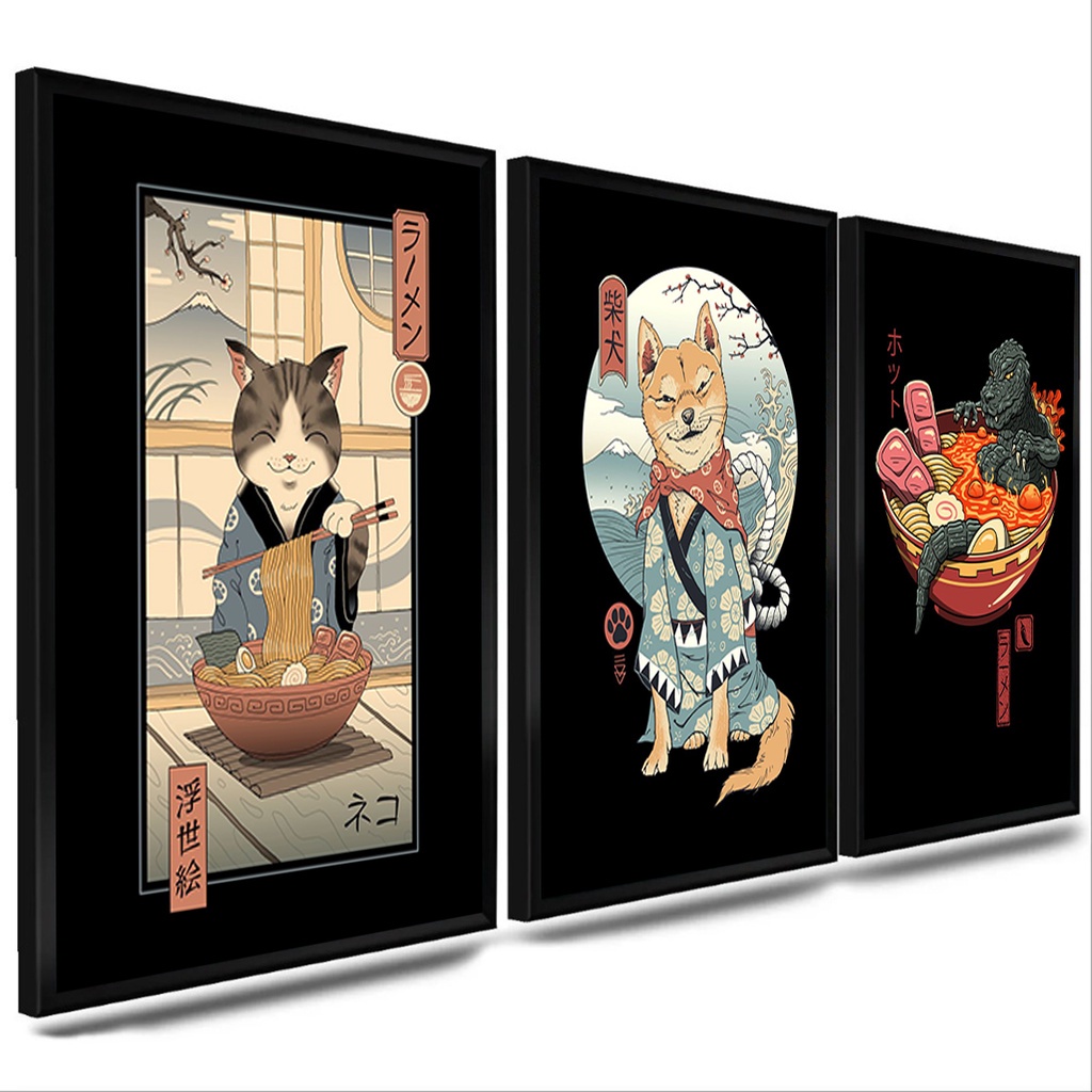 Gato Ninja Oriental Samurai, Quadro com Moldura 33x24cm