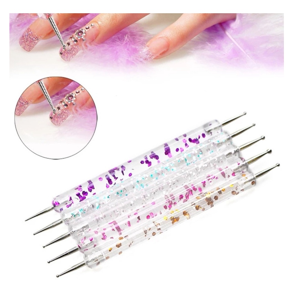 Kit 5 Canetas Boleador Nail Art Ponta Dupla Decoração Unha Manicure Profissional Pronta Entrega